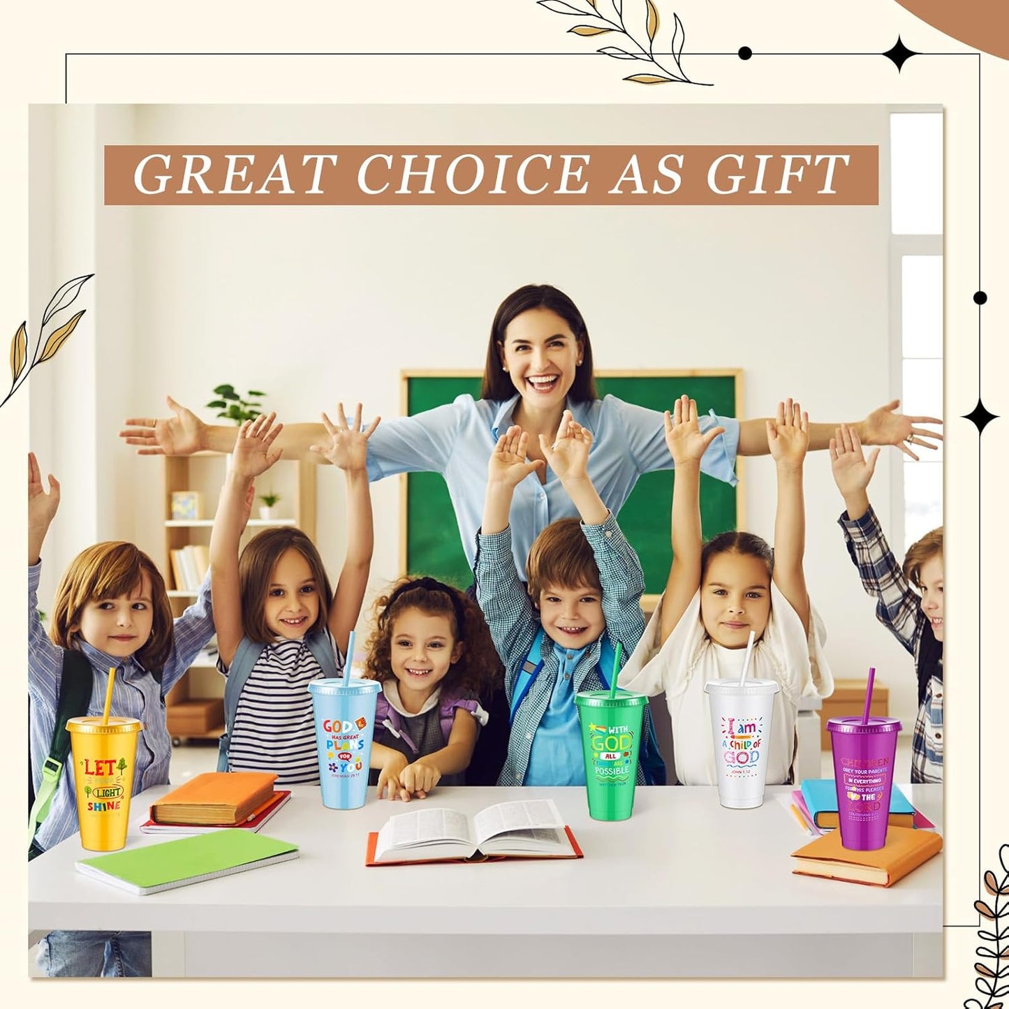 Uiifan 10 Pcs Christian Tumblers with Straws for Kids, Bible Verse Cups for VBS, Sunday School, Church Party Favors and Faith Gifts, Reusable Plastic Tumblers with Lids, 24 oz, White
