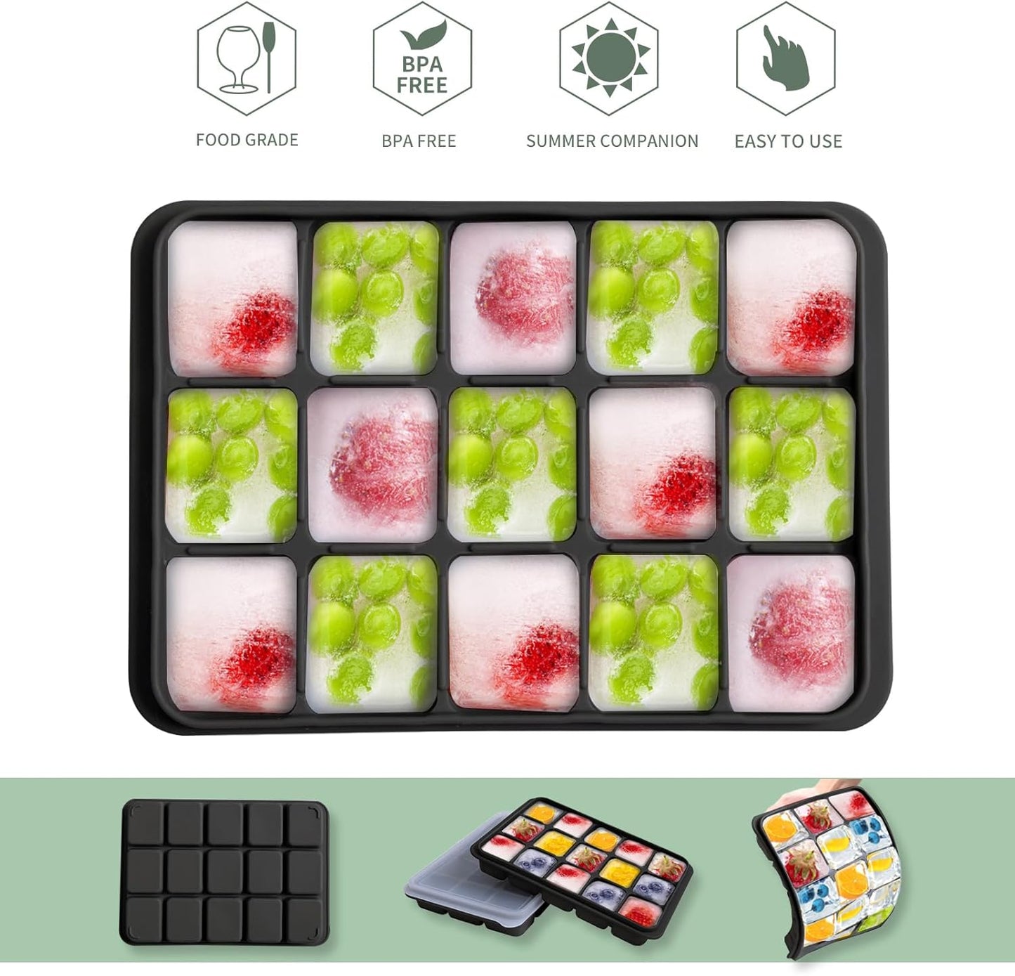 Ice Cube Trays Set of 2, Easy Release 15 Flexible Silicone Ice Cube Molds with Removable Lid Reusable Freezer Ice Trays Stackable for Whiskey, Baby Food, BPA Free (BAMBOO GREEN)