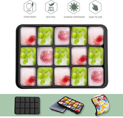 Ice Cube Trays Set of 2, Easy Release 15 Flexible Silicone Ice Cube Molds with Removable Lid Reusable Freezer Ice Trays Stackable for Whiskey, Baby Food, BPA Free (BAMBOO GREEN)