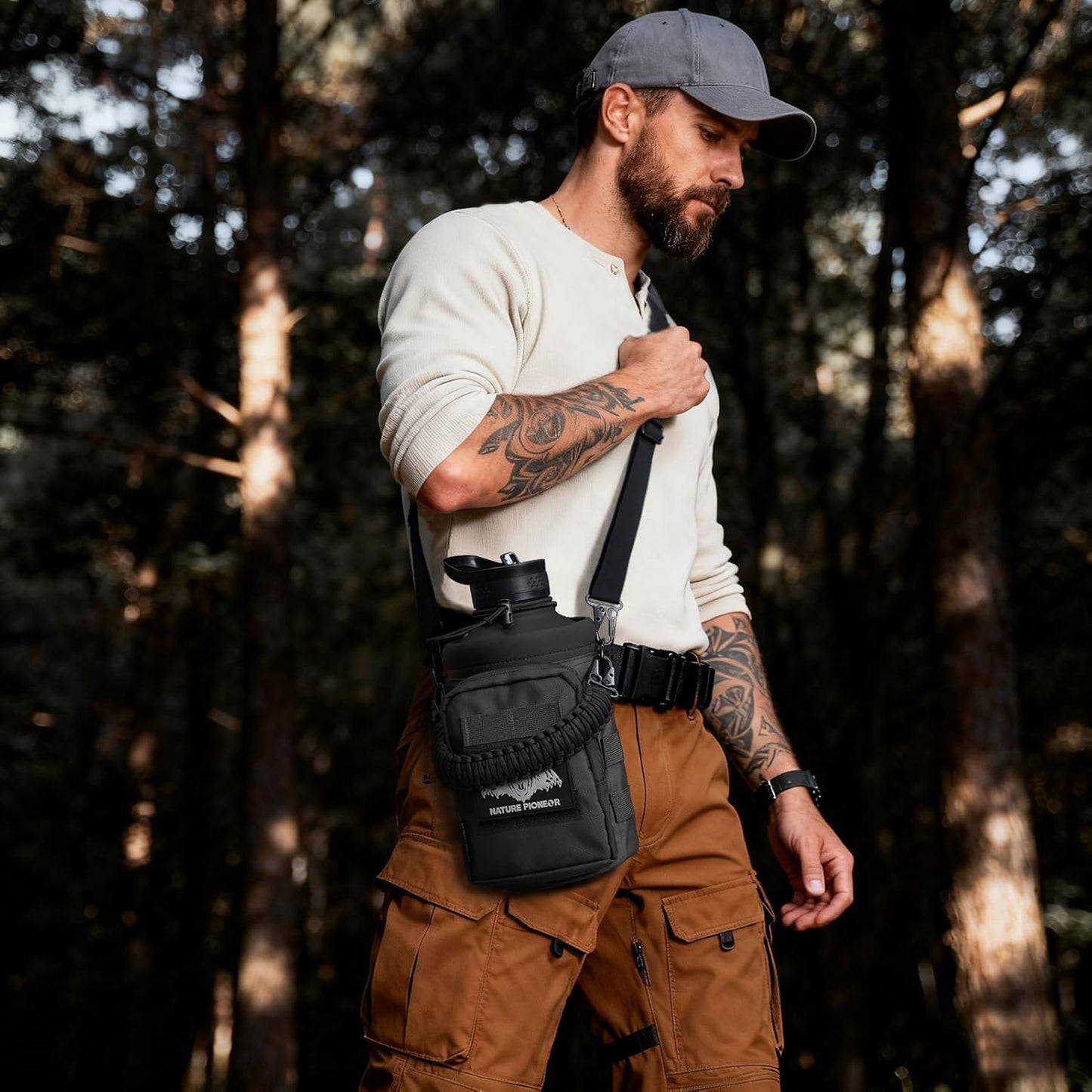 NATURE PIONEOR 32 64 128oz Tactical Water Bottle Pouch, Multi-Function Tactical Water Bottle Bag with Adjustable Shoulder Strap, Half/One Gallon Molle Strap Carrier Holder