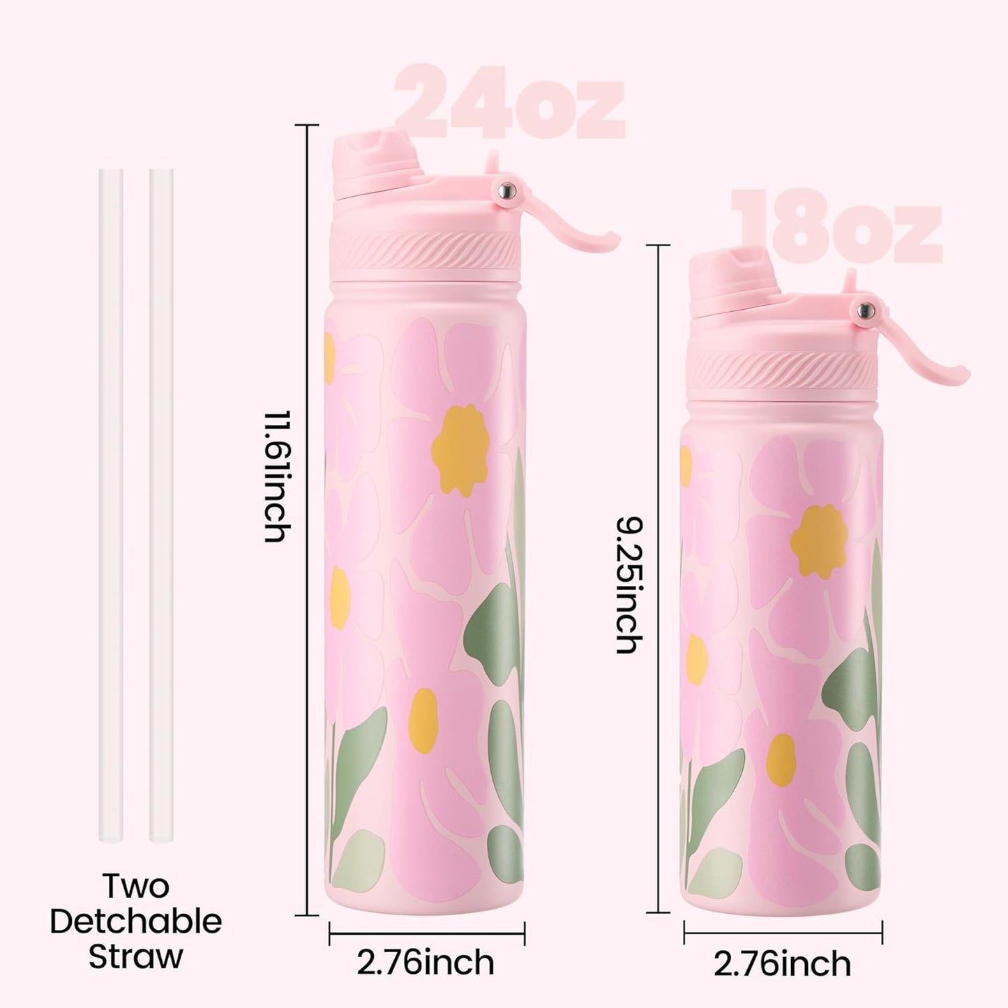Fijinhom 18 oz Insulated Water Bottle, 2-in-1 Straw and Spout Lid Stainless Steel Thermos, Leak-Proof, Double Wall Vacuum Flask, Keep Cold 24H for Outdoor, Sports, Travel, School (Black)