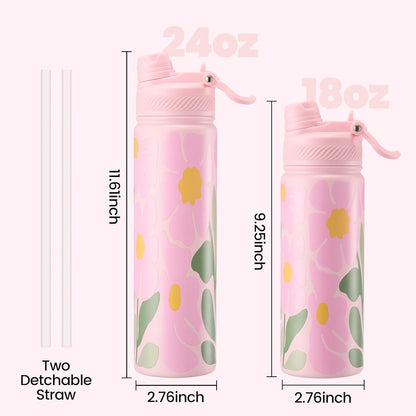 Fijinhom 18 oz Insulated Water Bottle, 2-in-1 Straw and Spout Lid Stainless Steel Thermos, Leak-Proof, Double Wall Vacuum Flask, Keep Cold 24H for Outdoor, Sports, Travel, School (Black)