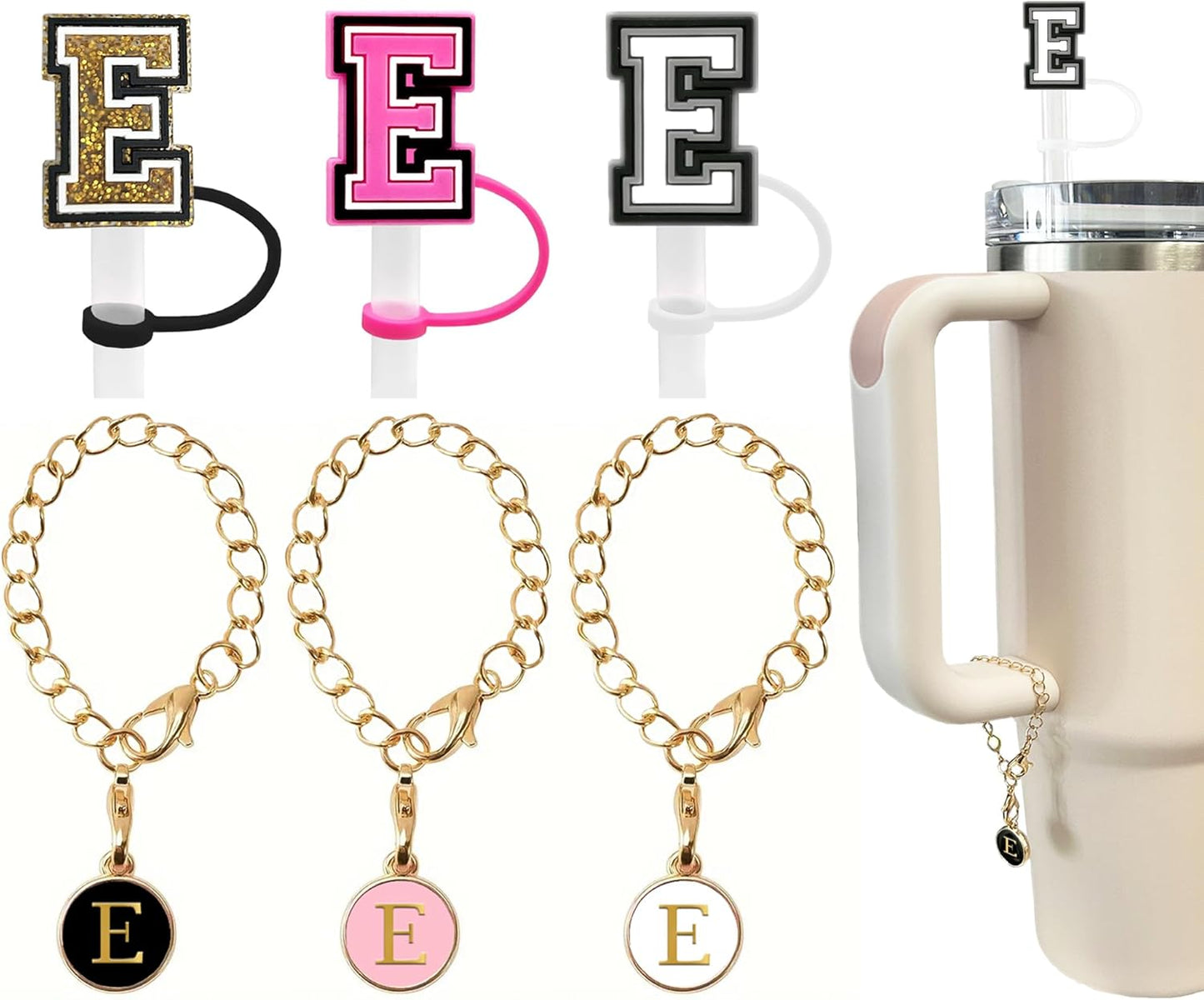 （3 +3) 3PCS Nuozme Straw Cover 10mm For Stanley Tumbler Cup Reusable Straw Cap Topper with 3 Initial Letter Charms Accessories Name ID Personalized Handle Charm For Stanley 30&40 Oz Cup Tumbler - Colors A