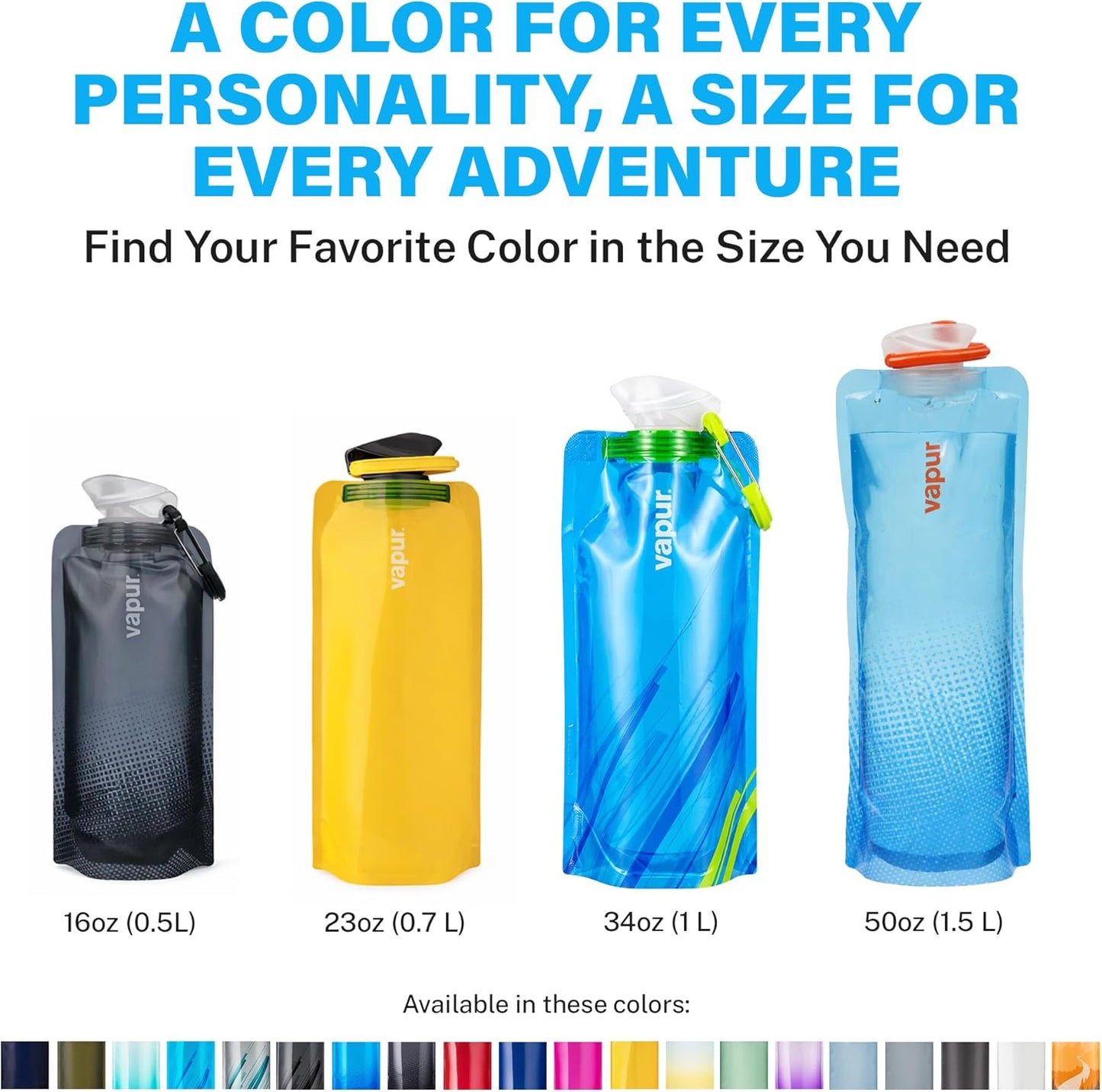 Vapur Collapsible Water Bottle with Carabiner - 34oz (1L), Night Blue - Flexible and Lightweight Water Bottle for Travel, Concert, Hiking, and Outdoor Adventures - BPA-Free, Dishwasher-Safe, Freezable