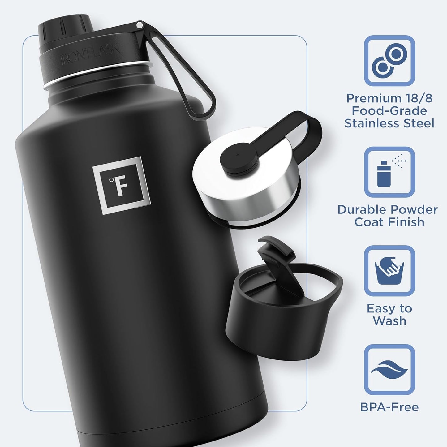 IRON °FLASK Camping & Hiking Hydration Flask with Straw, Wide Mouth Insulated Stainless Steel Sports Water Bottle - 40 oz Midnight Black