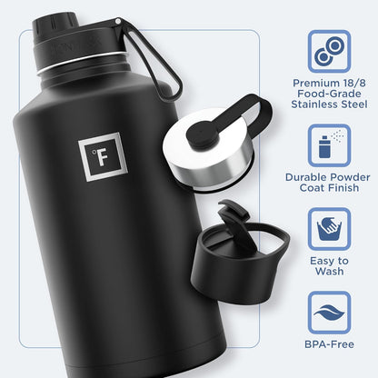 IRON °FLASK Camping & Hiking Hydration Flask with Straw, Wide Mouth Insulated Stainless Steel Sports Water Bottle - 40 oz Midnight Black