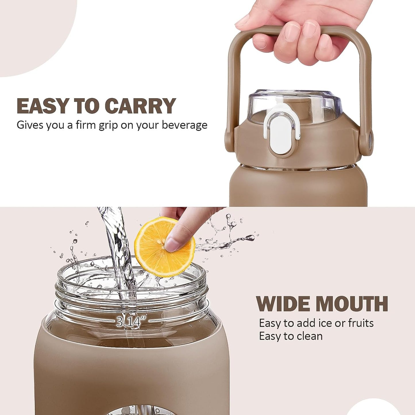 64oz Glass Water Bottles with Straw, Half Gallon Motivational Glass Bottle with Silicone Sleeve and Time Marker, 2L Leakproof Large Glass Water Jug for Gym Home Office,olive