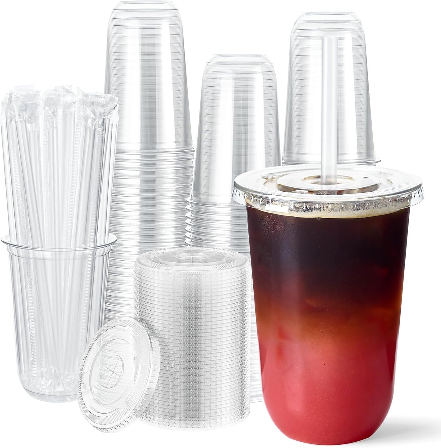 Vplus 100 Pack 12 oz Iced Coffee Cups with Lids, Disposable Plastic Cups with Lids and Straws for Cold Beverages, Juice, Milkshakes, Coffee Shops, Parties and Daily Use