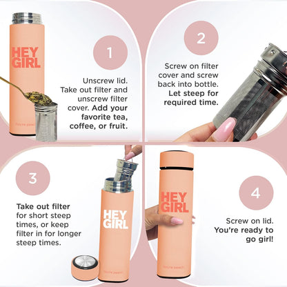 Hey Girl Tea Infuser Bottle 450ml - Insulated Stainless Steel Water Bottle - Tea Tumbler with Tea Diffuser - Portable Travel Mug for Loose Leaf Tea & Infused Water - Tea Lovers Gifts for Women (Pink)