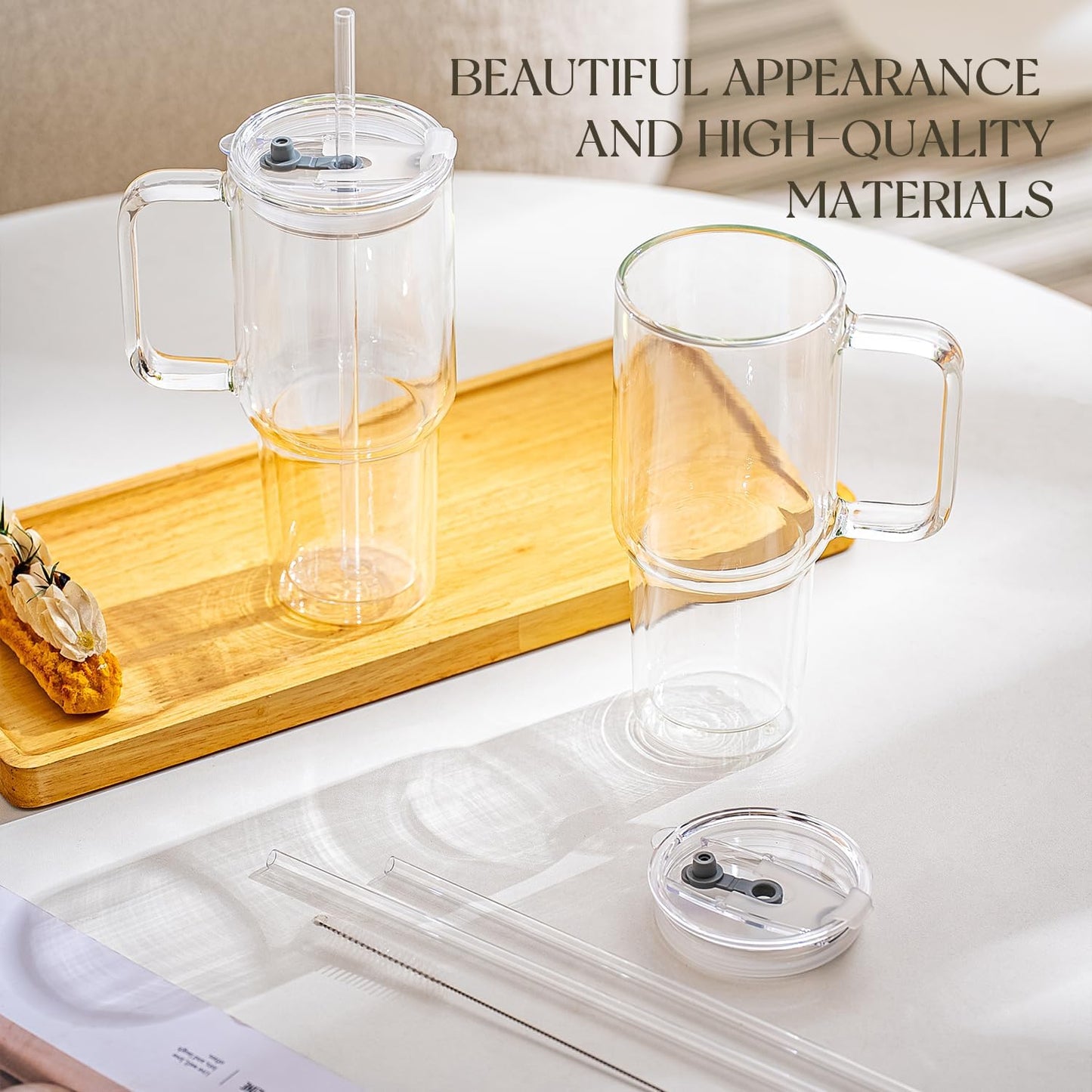 KEMORELA 2 Pack 28oz Double Wall Glass Tumblers with Handle, Lids & Straws – Large Insulated Clear Glass Coffee Cups for Iced Coffee, Matcha, Smoothies, Bubble Tea & Cold Drinks