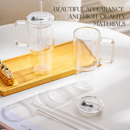 KEMORELA 2 Pack 28oz Double Wall Glass Tumblers with Handle, Lids & Straws – Large Insulated Clear Glass Coffee Cups for Iced Coffee, Matcha, Smoothies, Bubble Tea & Cold Drinks