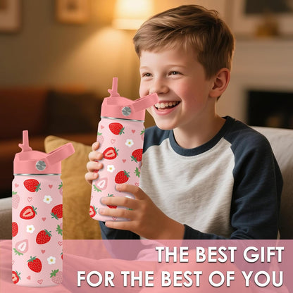 Strawberry Gifts for Kids - 16oz Pink Kids Water Bottle with Straw Lid, Stainless Steel Insulated Water Bottle, Leakproof, BPA-Free, for Girls, School, Strawberry Lover Children Birthday Gift Cup(1pc)