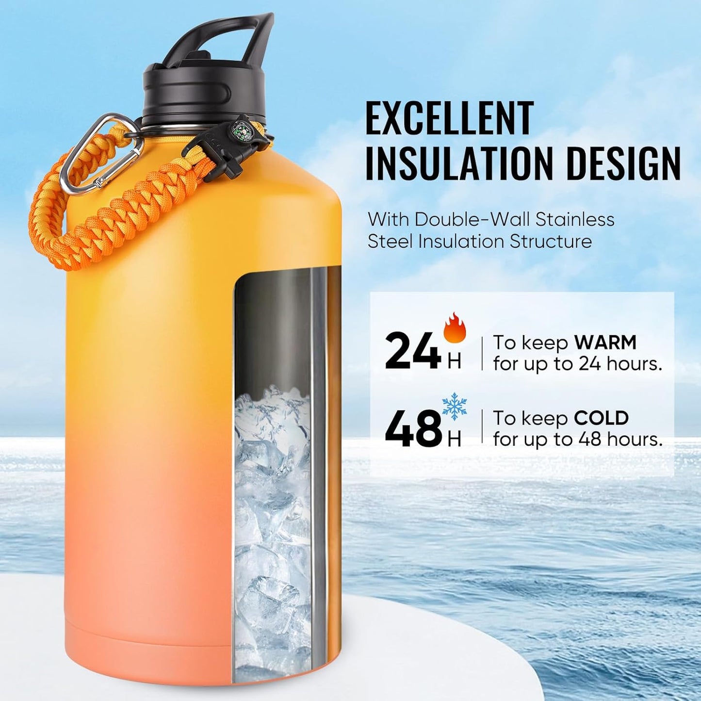 Fijinhom 24 oz Insulated Water Bottle with Handle, 304 Stainless Steel Water Bottles with Wide Mouth, Double Wall Vacuum Sports Water Bottle, BPA Free, Keep Cold and Hot, Black | with Handle