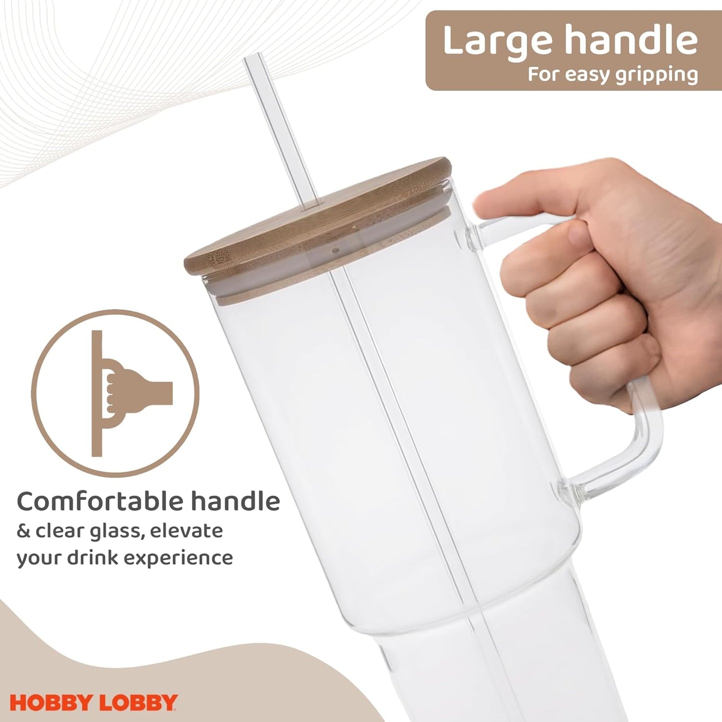 Hobby Lobby Jumbo Clear Glass Tumbler With Straw And Lid 40 Oz - With Handle, Bamboo Lid - for All-Day Hydration - Ideal Iced Coffee Tumbler Glass for Home, Office or Travel