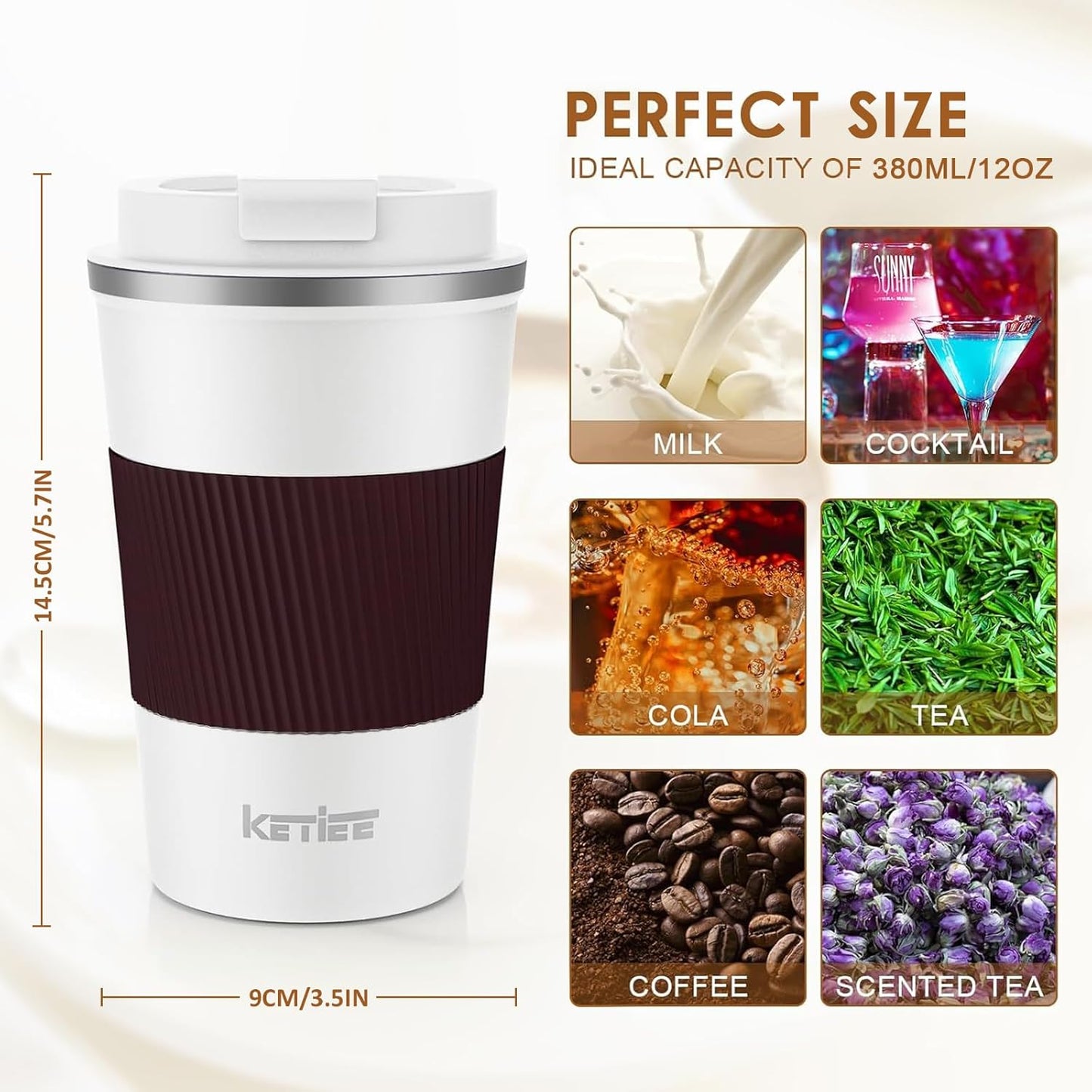 KETIEE Travel Coffee Mug Spill Proof 12oz, Insulated Travel Mug to Go, Reusable Coffee Cup with Seal Lid, Vacuum Stainless Steel Tumbler for Hot/Cold Drinks (Red)