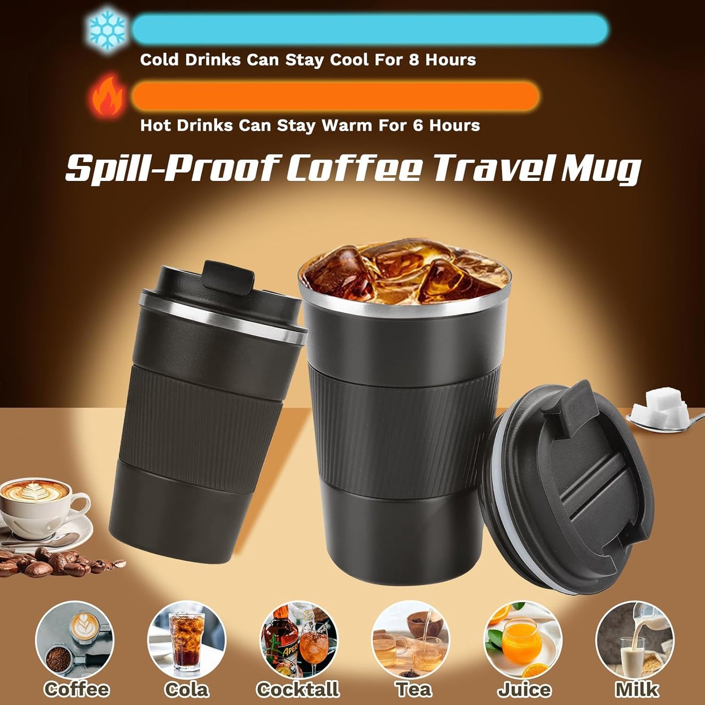 SPLMIFA Vacuum-Insulated Stainless Steel Travel Coffee Mug, Leak-Proof Reusable Coffee Cup with Lid - Keep Hot & Cold Drinks for Hours, Durable Insulated Tumbler for Men & Women(3rd-Black, 12OZ)