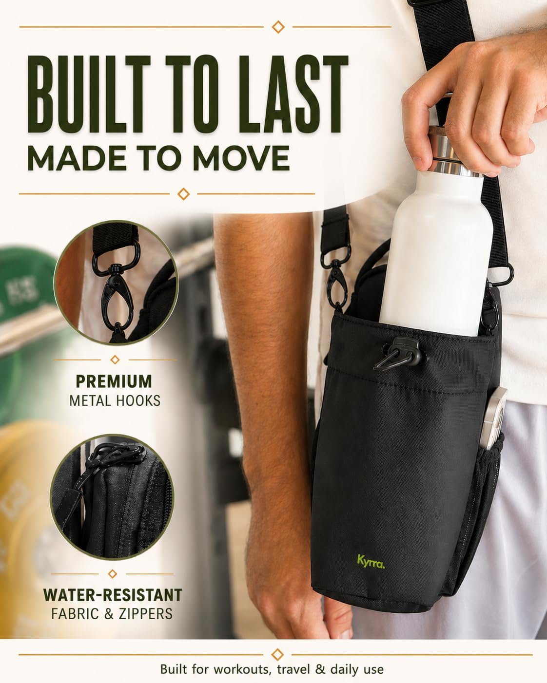 kyrra. Magnetic Gym Bag with Water Bottle Holder Crossbody Bag Strong Magnetic Attachment Fits 40oz Bottles Phone Pocket & Bonus Pouch Gym Accessories for Men and Women