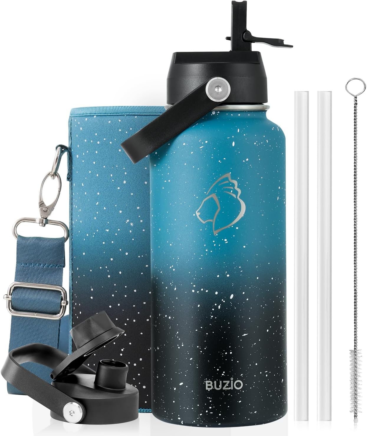 BUZIO 40oz Insulated Water Bottle, Triple Wall Vacuum Stainless Steel Water Flask with 2 lids, Lead-Free BPA-Free Straw Lid Sports Canteen Jug, Cold 48H & Hot 24H- Black - Colors A