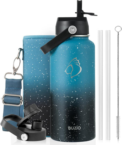 BUZIO 40oz Insulated Water Bottle, Triple Wall Vacuum Stainless Steel Water Flask with 2 lids, Lead-Free BPA-Free Straw Lid Sports Canteen Jug, Cold 48H & Hot 24H- Black - Colors A