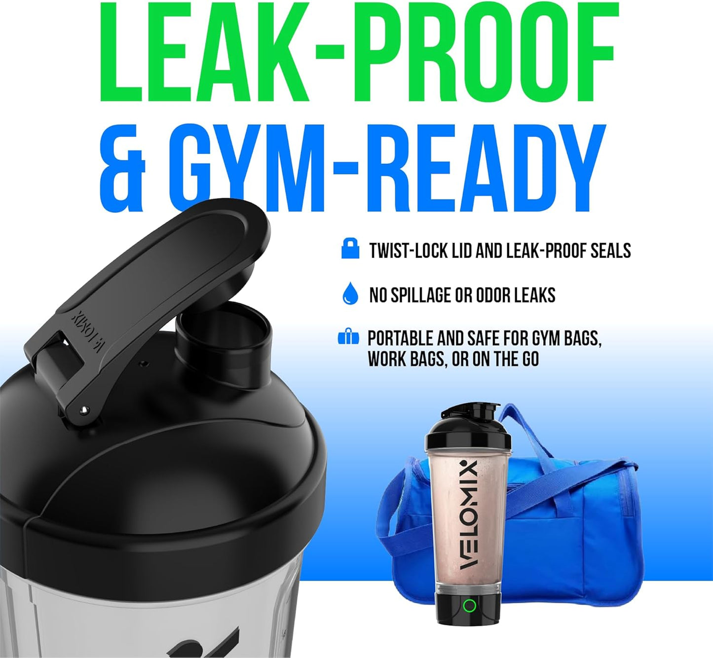 VELOMIX Electric Protein Shaker Bottle - 24 oz | USB-C Rechargeable | Leak Proof Shaker Cups for Protein Shakes | Portable Blender for Shakes and Smoothies (Electric-Transparent)