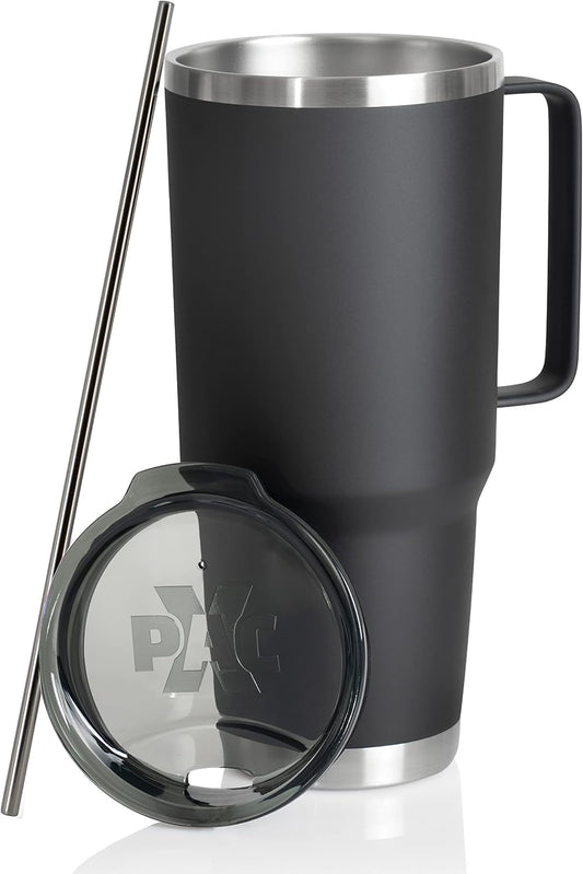 XPAC Double Vacuum Wall Stainless Steel Tumbler with Lid, 64 Ounce, With Handle, Black, Fits in a 4" Wide Car Beverage Holder