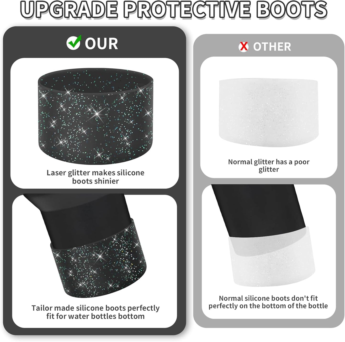 WUQID Protective Bling Silicone Boot Sleeve, Compatible with Stanley Tumbler 20-40oz & Hydro Flask Bottle 12oz-24oz, Glitter Reduces Dents Sleeve Cover for More Bottles/Tumblers Bottom of 2.83-2.95in