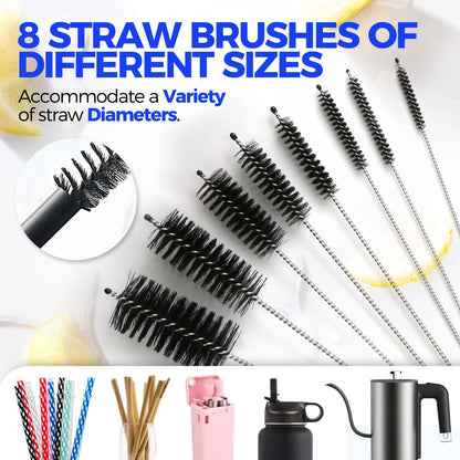 Holikme 10 Pack Bottle Brush Cleaner Set, 15" Long Handle Bottle Cleaner Brush, Flexible Long Handle Water Bottle Brush for Narrow Neck Beer Wine, 8 Straws, Abrasive Spiral Brushes, White Grey