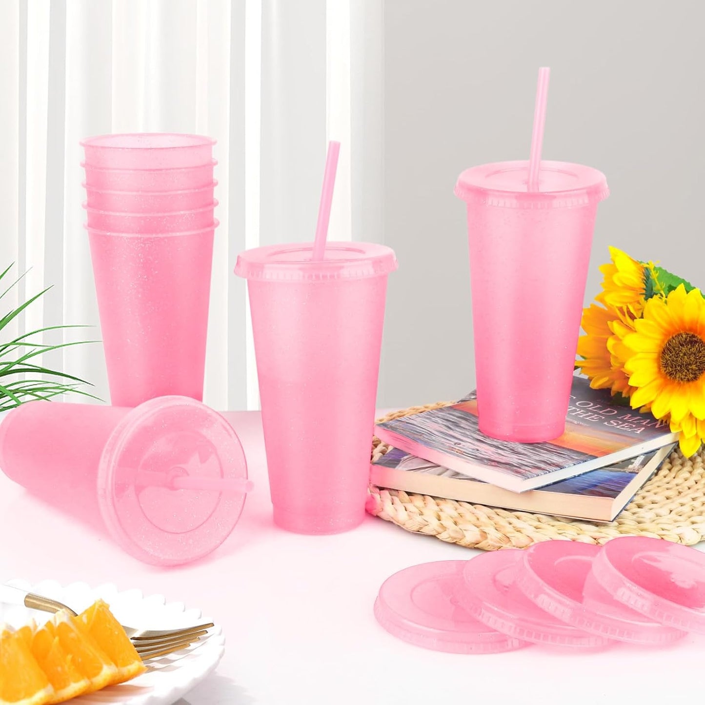 Hxezoc 16-Piece Reusable Cups with Lids and Straws, 24 oz Glitter Plastic Tumbler Iced Coffee Cups Travel Mug Cup for Smoothie Juices Beach or Bachelor Party (Black)