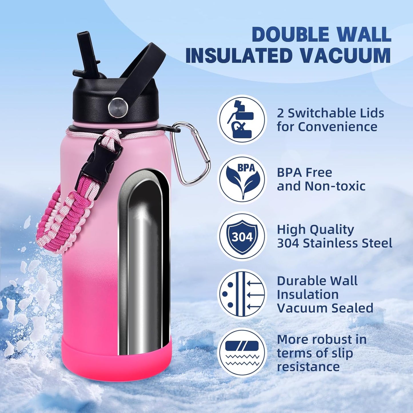 Insulated Water Bottle, 32 oz Stainless Steel Wide Mouth Water Bottles with 2 Leak Proof Lid and Paracord Handle, Double Wall Vacuum Insulated Sports Water Bottle, Purple Black