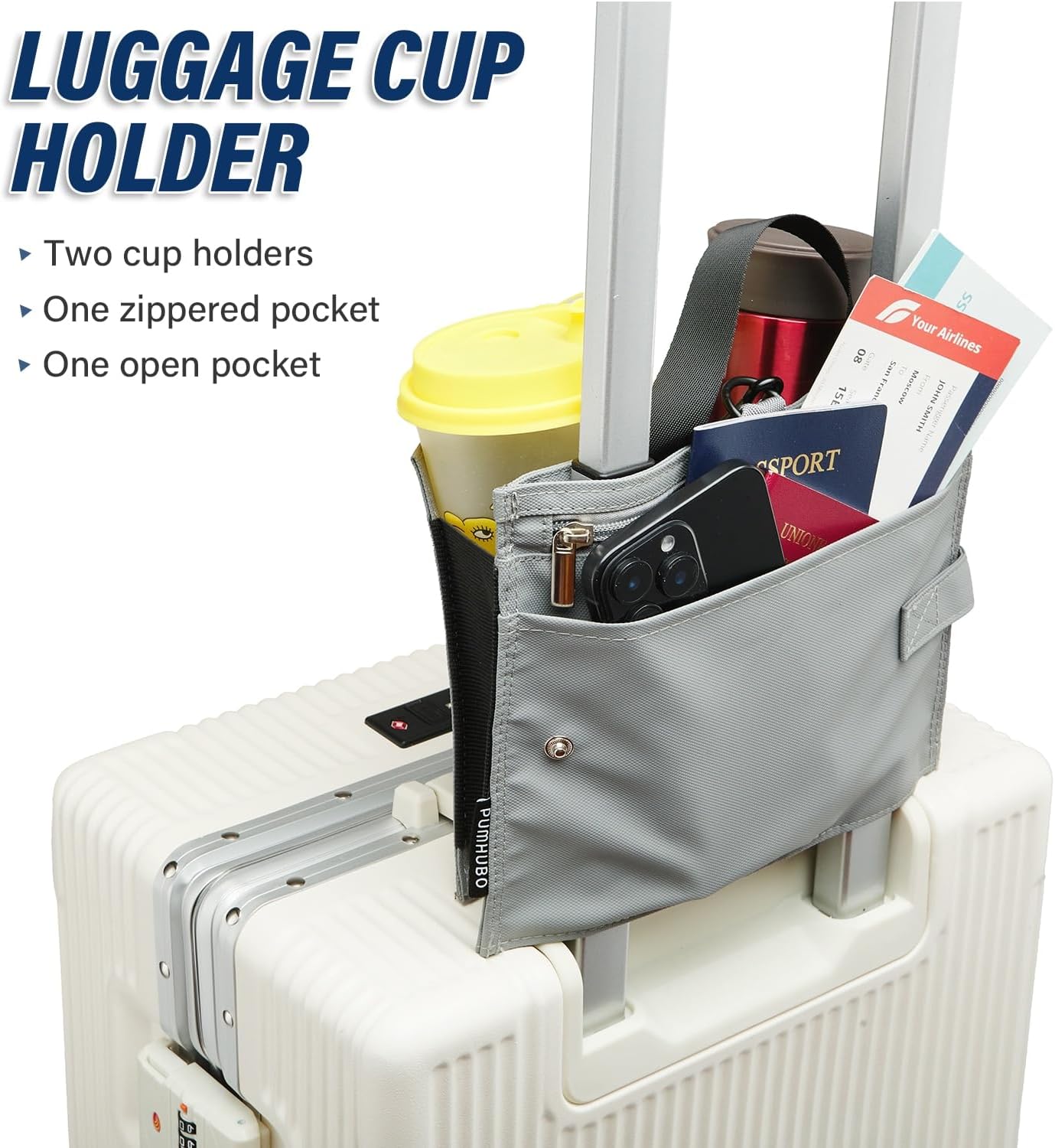 Luggage Cup Holder for Suitcases, Portable Foldable Travel Cup Holder with Handle and Hook, Luggage Drink Holder for Two Coffee Cups,Gift for Flight Attendants