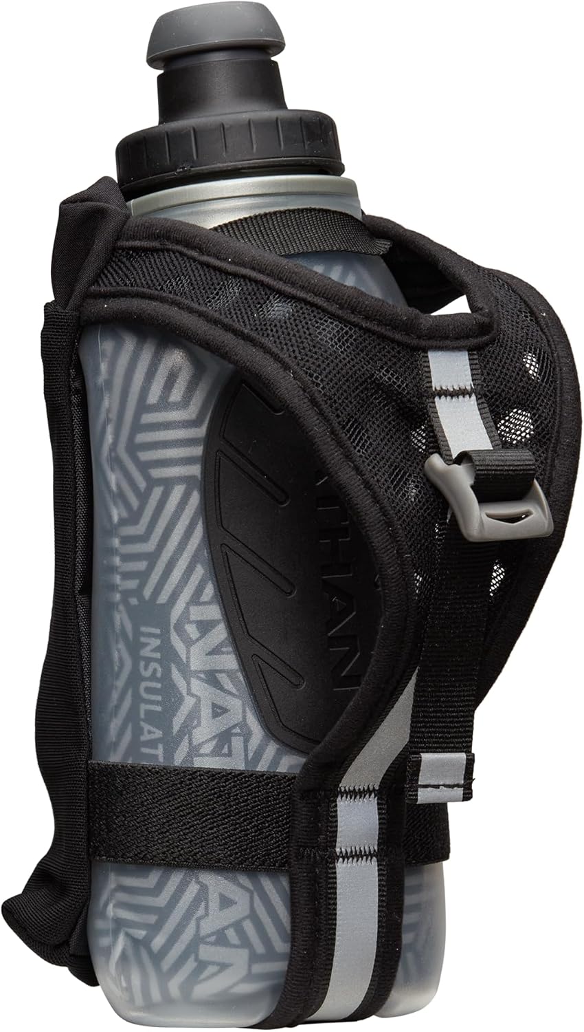 Nathan SpeedDraw 2 Insulated Handheld Running Water Bottle Flask 18oz – Double-Wall Insulation, Ergonomic Grip, Blast Valve Cap, Phone & Key Storage Pockets, Reflective Design
