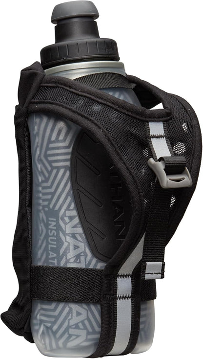 Nathan SpeedDraw 2 Insulated Handheld Running Water Bottle Flask 18oz – Double-Wall Insulation, Ergonomic Grip, Blast Valve Cap, Phone & Key Storage Pockets, Reflective Design