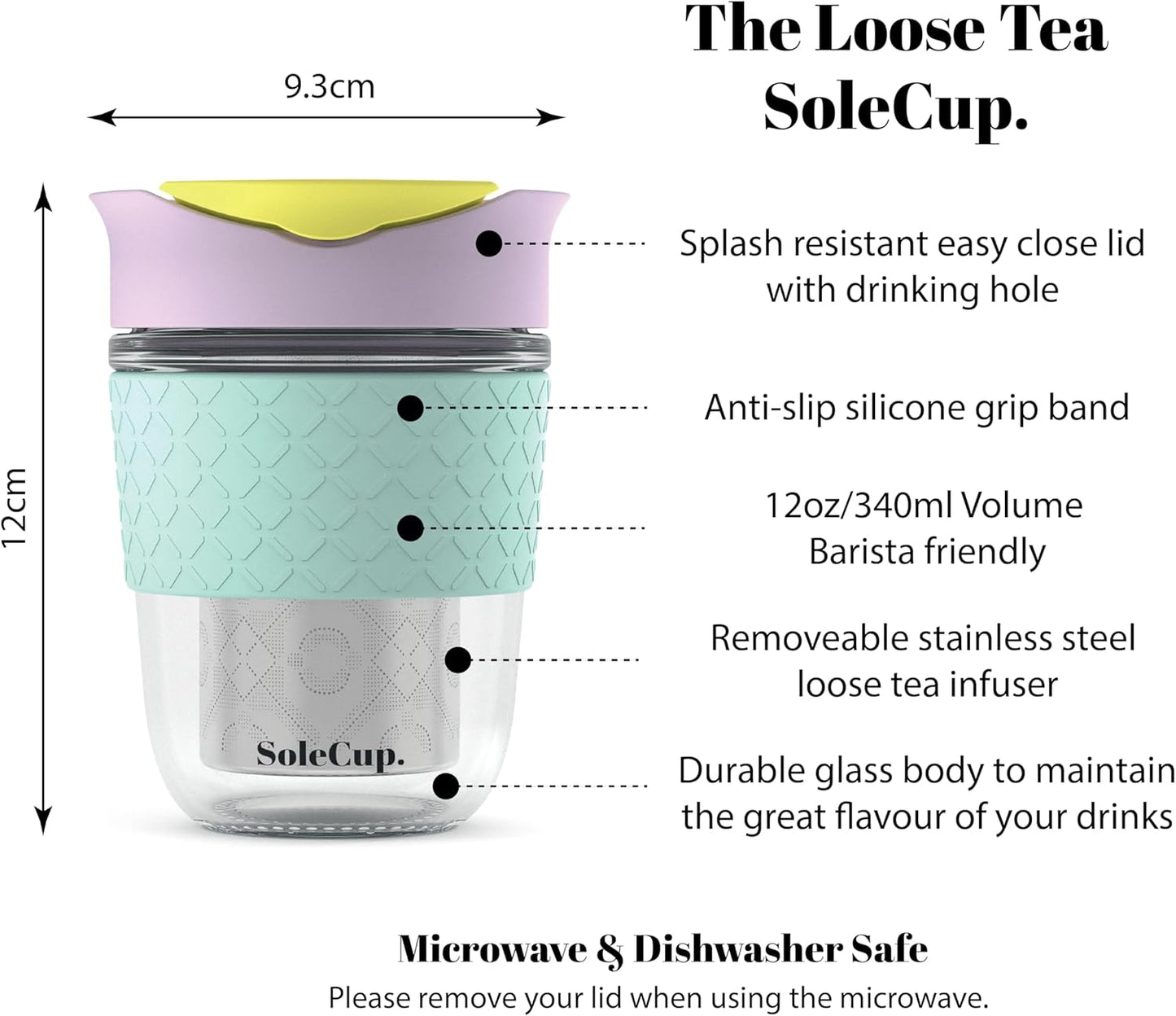 Travel Mug Loose Tea Infuser - Detachable Tea Strainer with Spillproof Lid - BPA-Free Reusable Glass Travel Coffee Cup with Silicone Band (Ice Cream, 12oz)