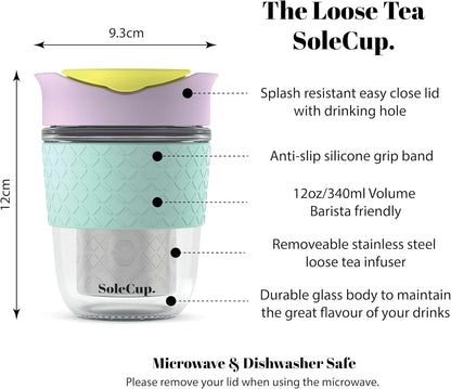 Travel Mug Loose Tea Infuser - Detachable Tea Strainer with Spillproof Lid - BPA-Free Reusable Glass Travel Coffee Cup with Silicone Band (Ice Cream, 12oz)
