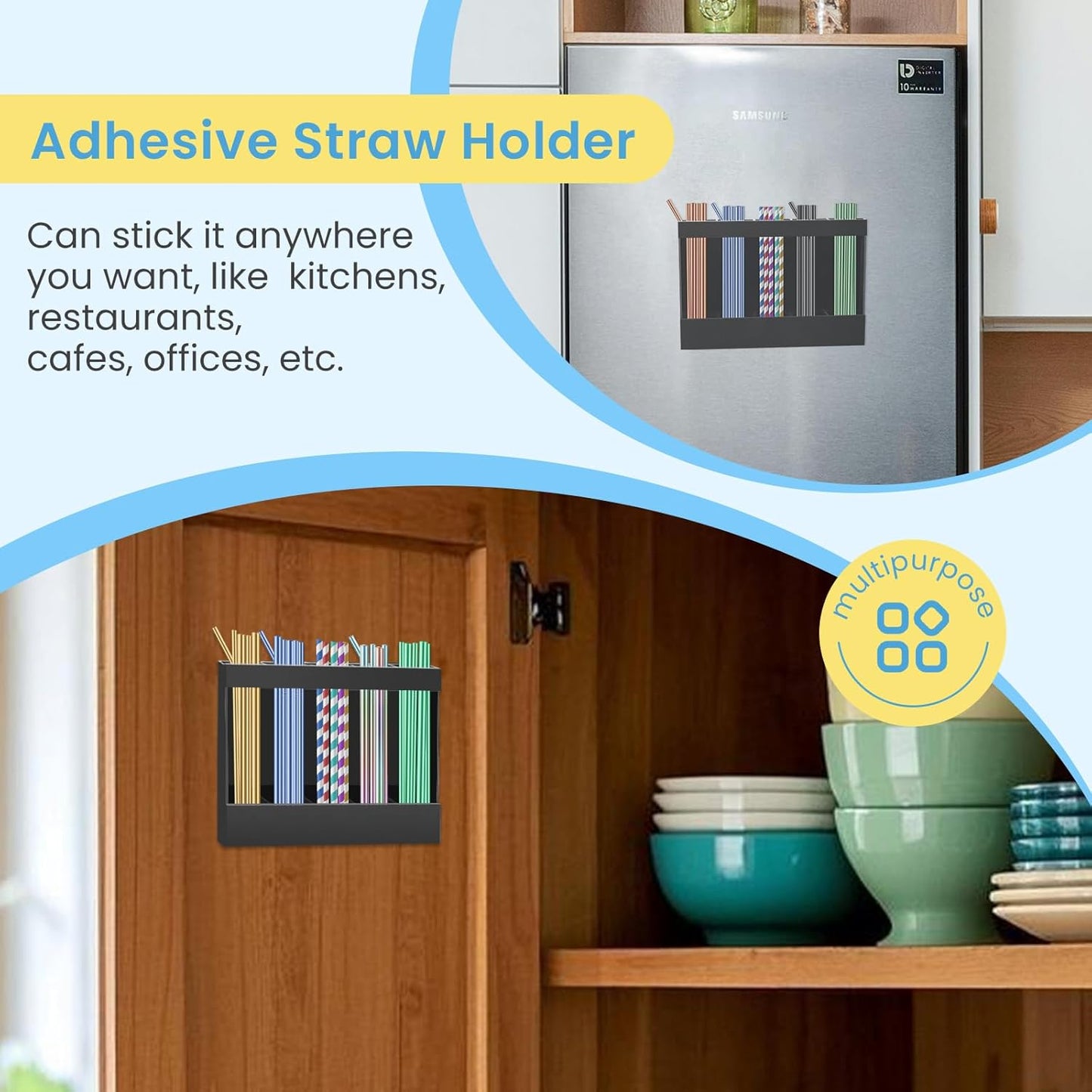 Acrylic Straw Holder for Cabinet, Reusable Straw Organizer with Double Sided Adhesive Tape Tumbler Straws Storage Container for Cupboard Drinking Straws Dispenser for Kitchen Counter (Transparent)