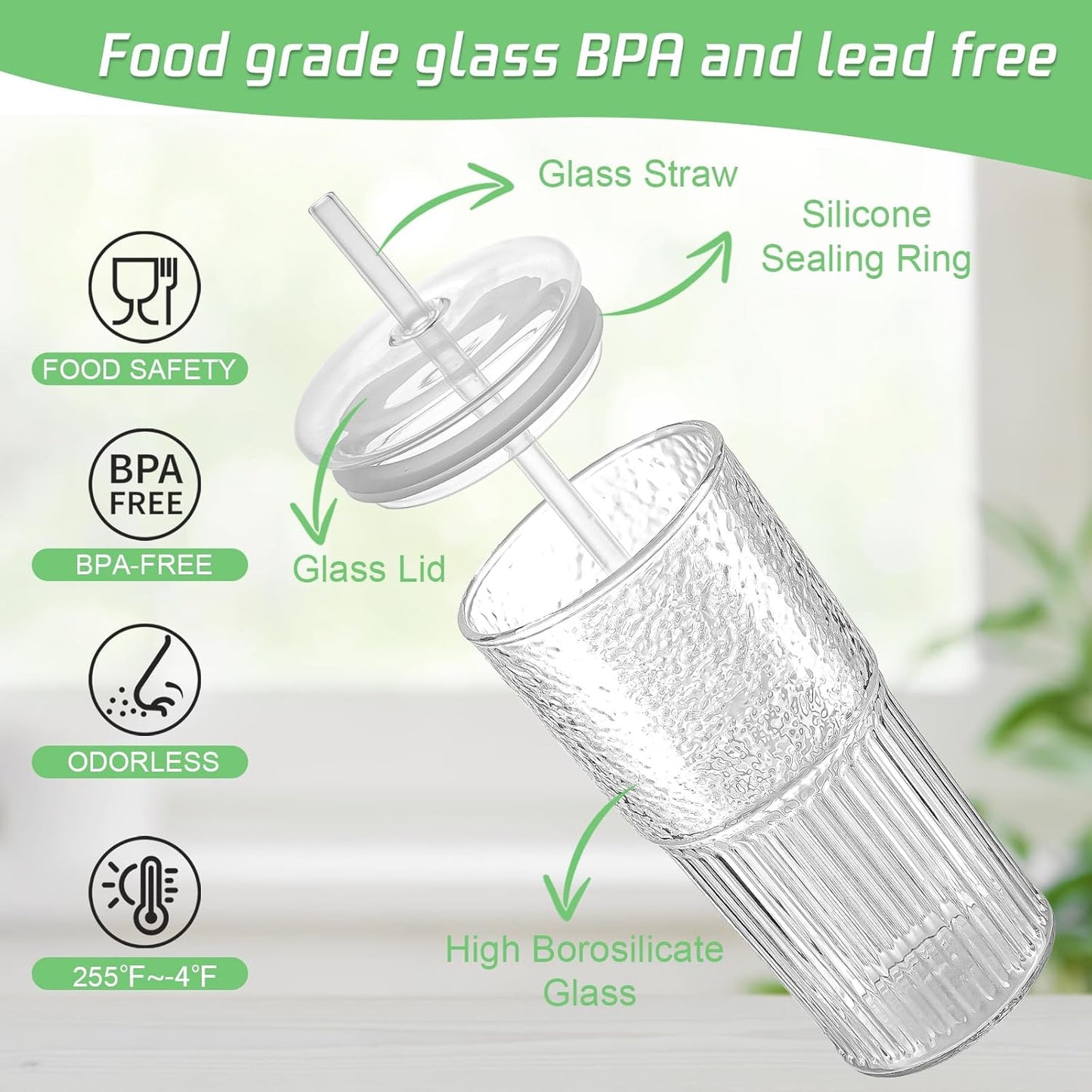Luiaiog 20 oz Glass Cups with Lids and Straws – Single Reusable Tumbler, Thickened Shatter-Resistant Glass, Ideal for Iced Coffee, Smoothies, Cocktails, Juices – Elegant & Durable Drinkware
