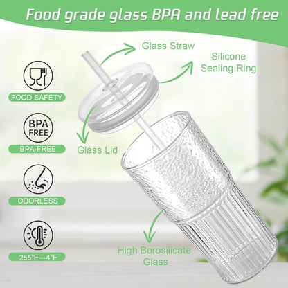 Luiaiog 20 oz Glass Cups with Lids and Straws – Single Reusable Tumbler, Thickened Shatter-Resistant Glass, Ideal for Iced Coffee, Smoothies, Cocktails, Juices – Elegant & Durable Drinkware
