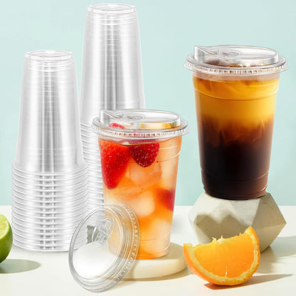 BYSNOW 100 Pack 16 oz Clear Plastic Cups with Lids, Disposable Iced Coffee Cups with Sip Lids, Sturdy Plastic Smoothie Cups for Cold Drinks