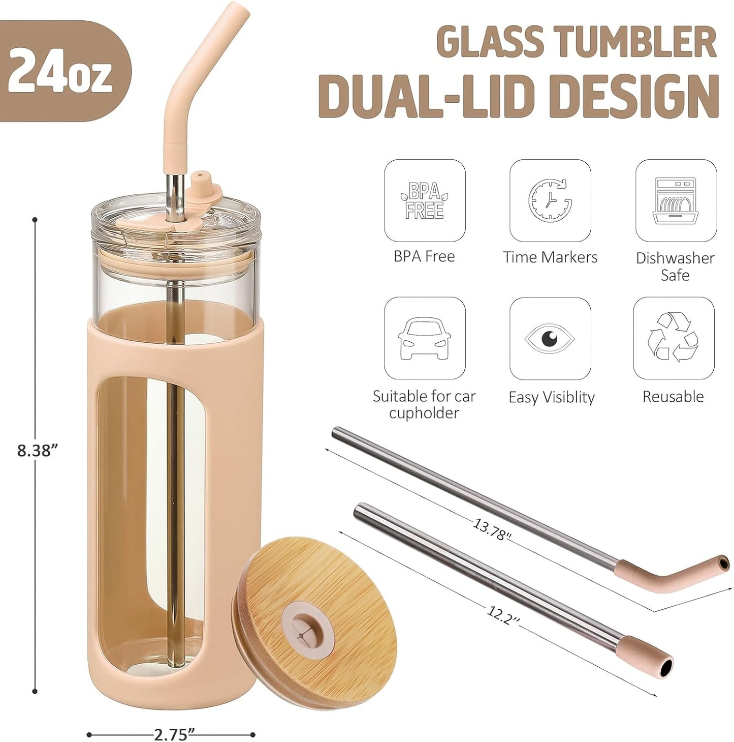 Kodrine 20oz Glass Water Tumbler with Straw and Lid, Bamboo Lids Water Bottle, Iced Coffee Cup Reusable, Wide Mouth Smoothie Cups with Protective Silicone Sleeve BPA FREE-Black - Colors A