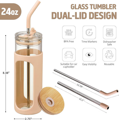 Kodrine 20oz Glass Water Tumbler with Straw and Lid, Bamboo Lids Water Bottle, Iced Coffee Cup Reusable, Wide Mouth Smoothie Cups with Protective Silicone Sleeve BPA FREE-Black - Colors A