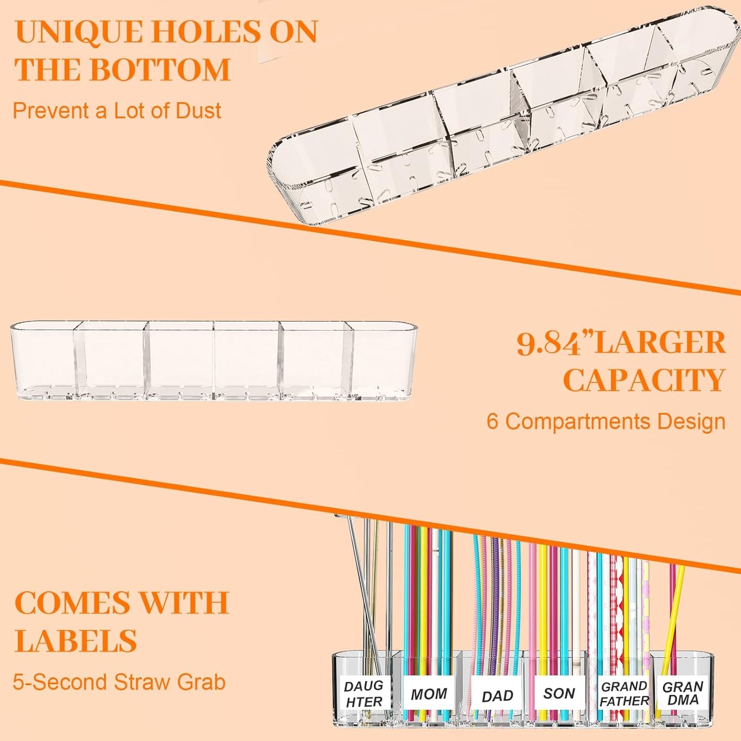 Upgraded 9.84" Large Straw Holder for Cabinet Door, 3-Part Adjustable Straw Organizer Storage with Strong Adhesive Double-sided Tape, Ultra Sticky Under-Cabinet Mount Storage (Transparent)