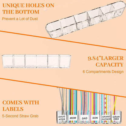 Upgraded 9.84" Large Straw Holder for Cabinet Door, 3-Part Adjustable Straw Organizer Storage with Strong Adhesive Double-sided Tape, Ultra Sticky Under-Cabinet Mount Storage (Transparent)