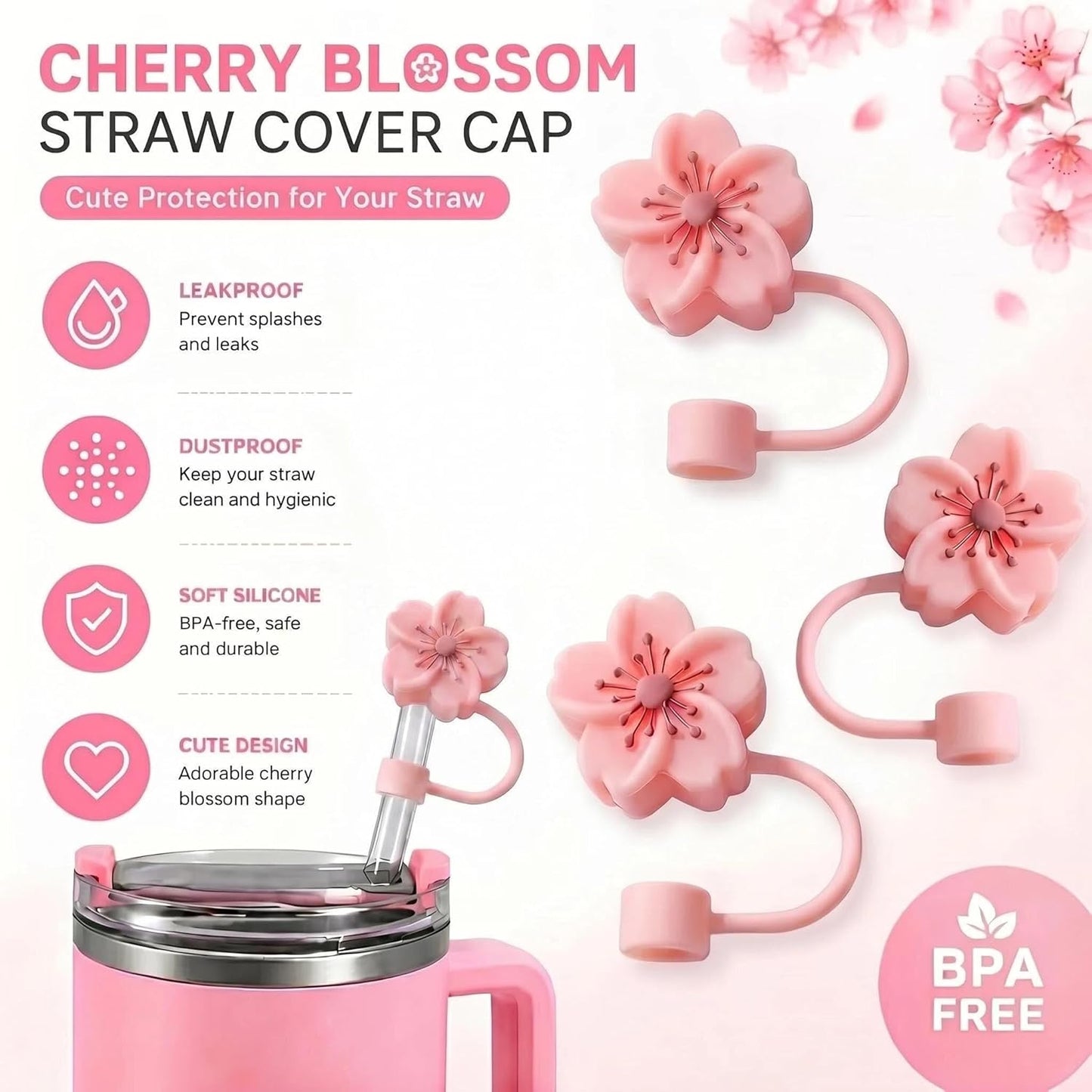 BTYHAOS Silicone Straw Caps for 10mm Tumblers | Reusable Dust-Proof Straw Toppers Compatible with Stanley 30oz & 40oz Tumblers (Purple Flower 3pc)
