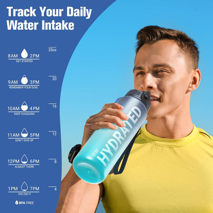 Sahara Sailor Water Bottle 32oz, Durable and Leakproof Water Bottles Motivational with Time Marker, Tritan, BPA Free, Wide Mouth with Easy Clean Brush for Gym, Travel, Home, School, Office (1 Bottle)