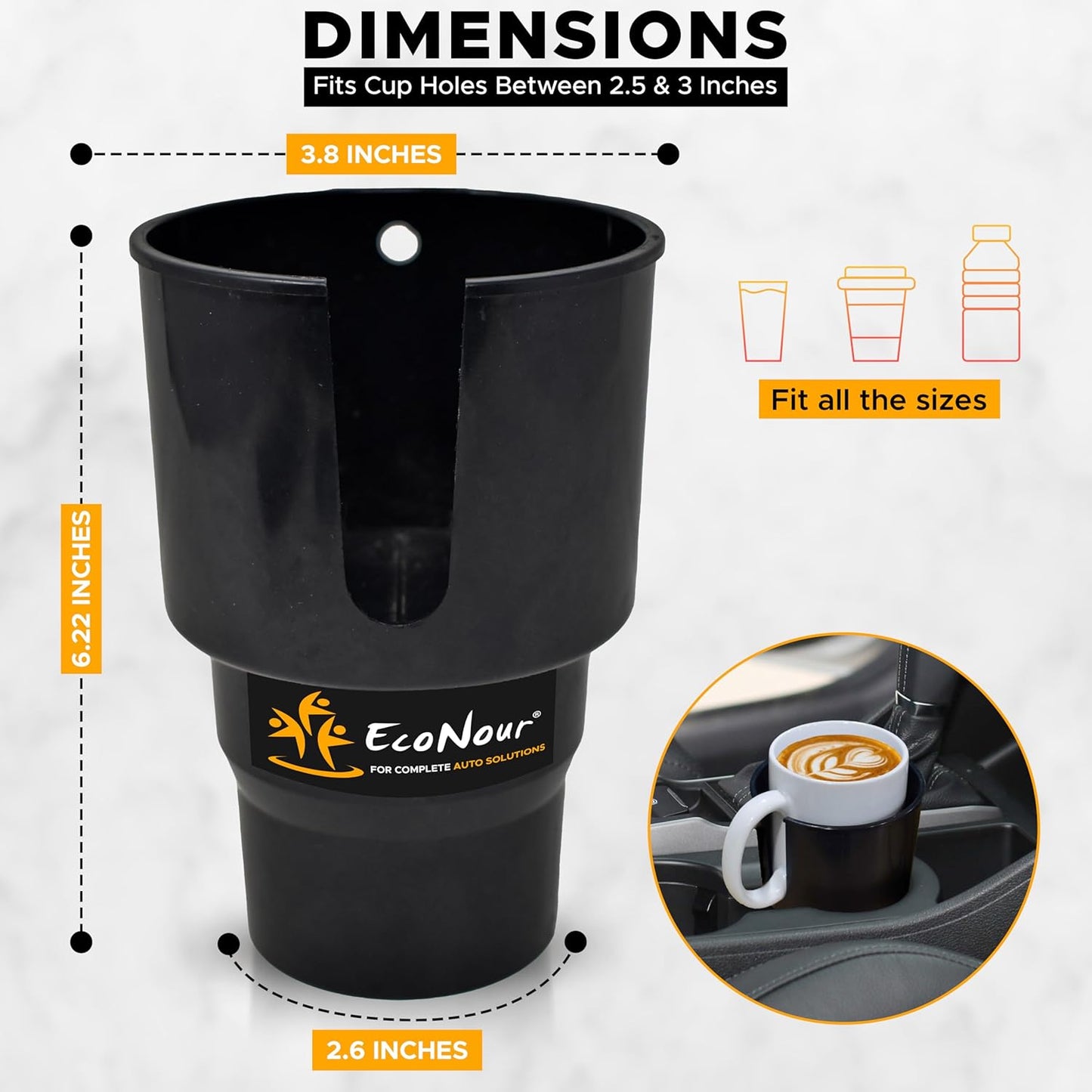 EcoNour Car Cup Holder Expander | Fits 32/40 oz Hydro Flasks, Yeti, Nalgene & Large Bottles up to 3.8" | Universal Cup Adapter for Cars with 3.2" Holders – Black