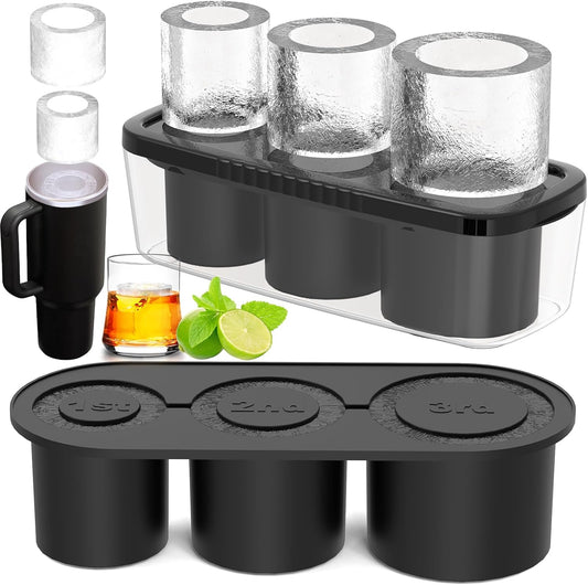 Ice Cube Tray for 30Oz-40Oz Tumbler Cup, 3 Pcs Silicone Ice Cube Tray with Lid and Bin for Freezer, Easy Fill and Release Cylinder Ice Mold for Whiskey, Cocktail BPA-Free (Green, 40Oz-Type1)