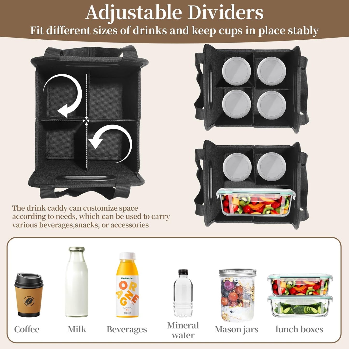 Foyego 4 Cup Drink Carrier with Handle, Reusable Insulated Drink Caddy Drink Holder for Car, Folding Portable Coffee Cup Holder Bag for Travel and Delivery