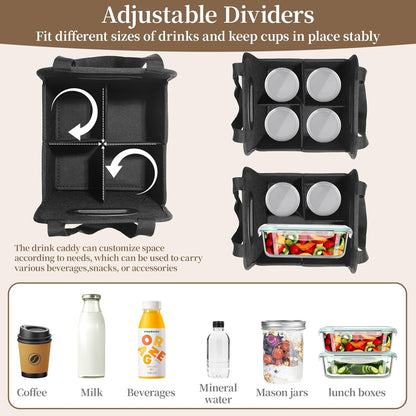 Foyego 4 Cup Drink Carrier with Handle, Reusable Insulated Drink Caddy Drink Holder for Car, Folding Portable Coffee Cup Holder Bag for Travel and Delivery