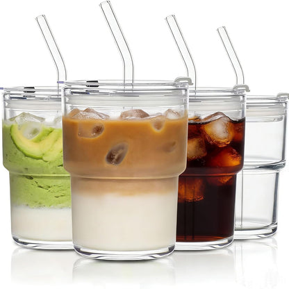 Haundry 14oz Glass Tumbler with Straw and Lid, Reusable Iced Coffee Cup Tumbler, Cute Glass Cups for Water, Matcha, Travel Coffee Mugs