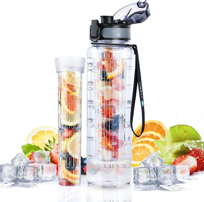 UTEBIT 32 OZ Fruit Infuser Water Bottle, Insulated Sports Water Bottle With Straw, 1L BPA Free Leak Proof Tritan Large Water Jug with Strap for Gym, Camping, Travel, Outdoor